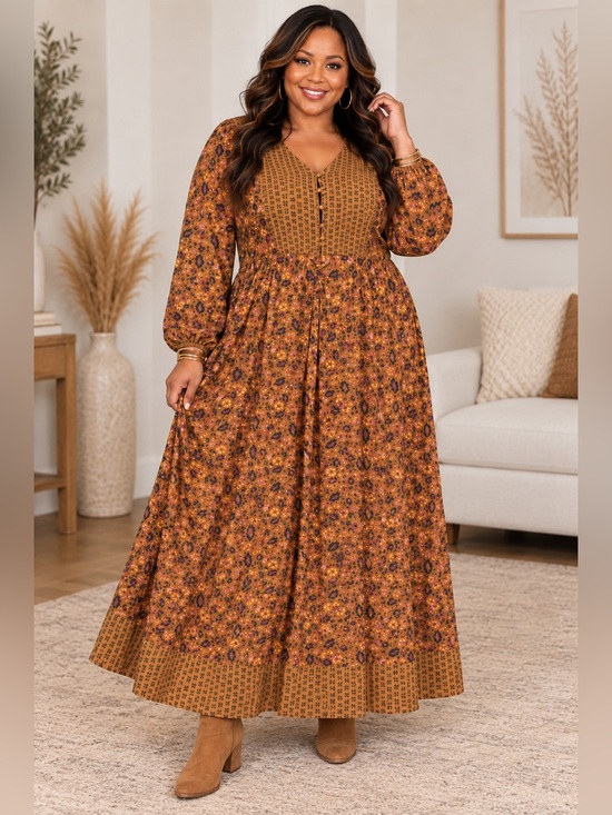 Knox Rose Dresses & Skirts - Knox Rose XXL Boho Floral Paisley Maxi Dress Long Sleeve Button Front